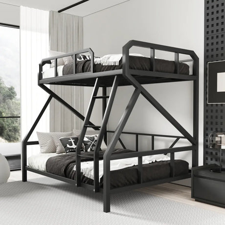 Black Twin Bunk Metal Safety Bed with Guardrail and Stairs Image - 2