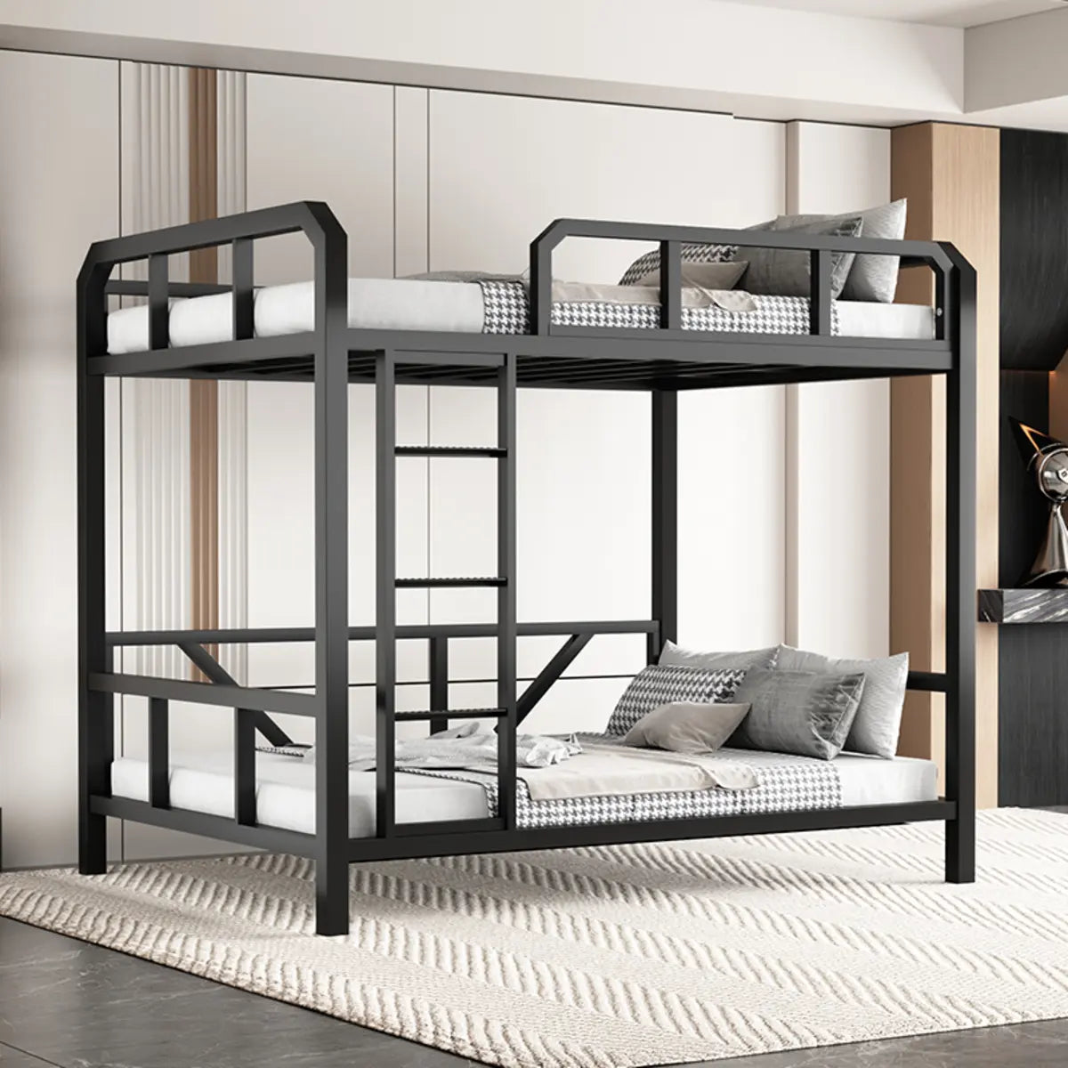Black Twin Bunk Metal Safety Bed with Guardrail and Stairs Image - 3