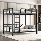 Black Twin Bunk Metal Safety Bed with Guardrail and Stairs Image - 3