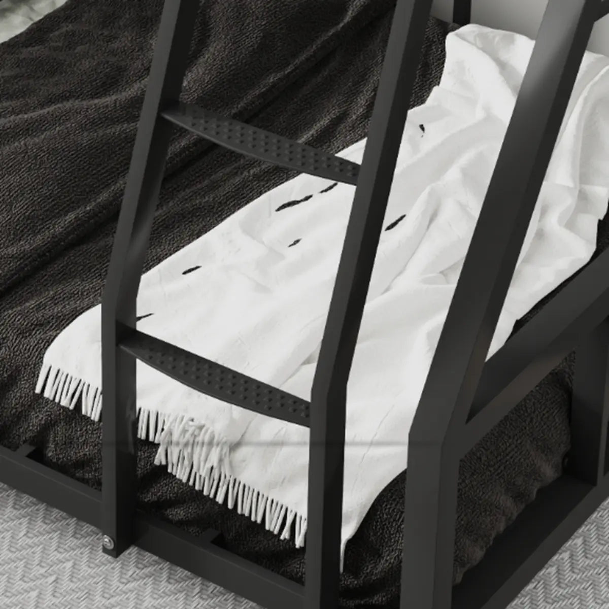 Black Twin Bunk Metal Safety Bed with Guardrail and Stairs Image - 4