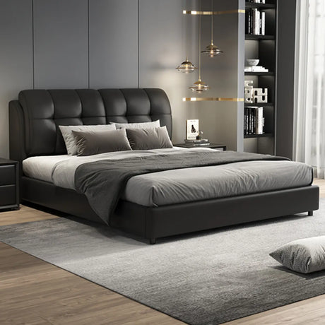 Black Upholstered Leather Storge Included Bed with Headboard Image - 1