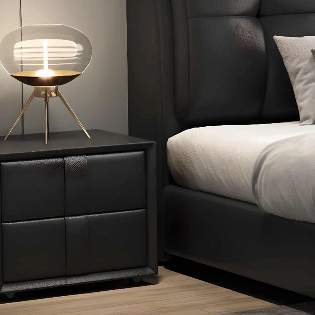 Black Upholstered Leather Storge Included Bed with Headboard Image - 11