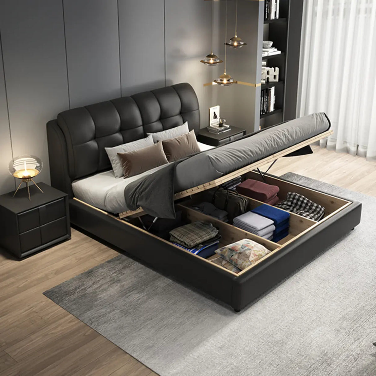 Black Upholstered Leather Storge Included Bed with Headboard Image - 3