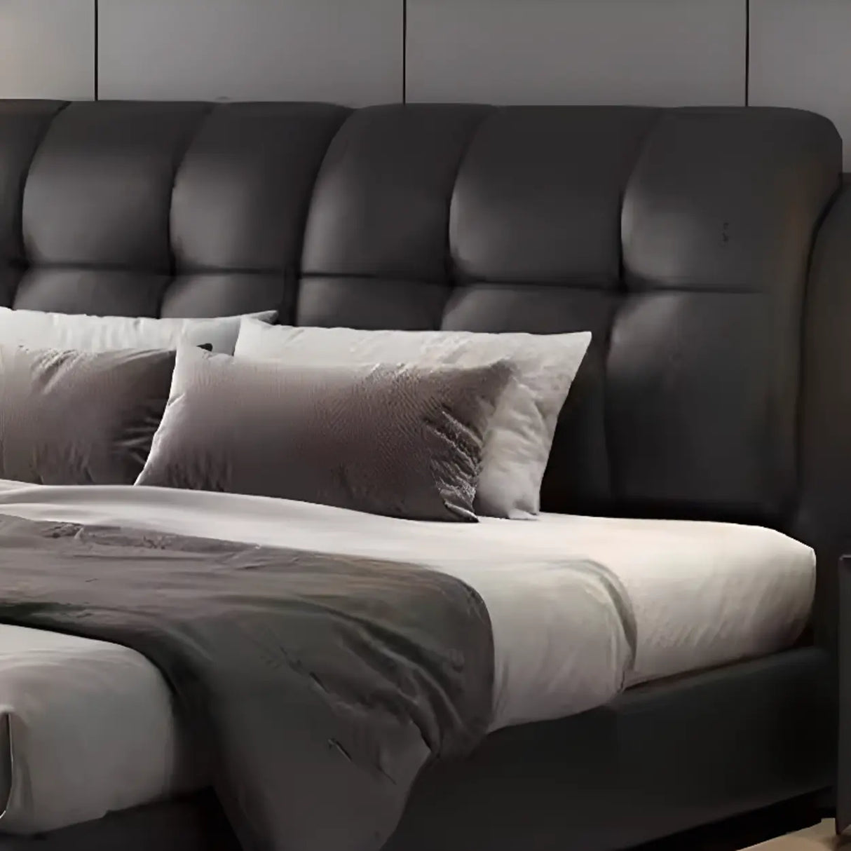 Black Upholstered Leather Storge Included Bed with Headboard Image - 5