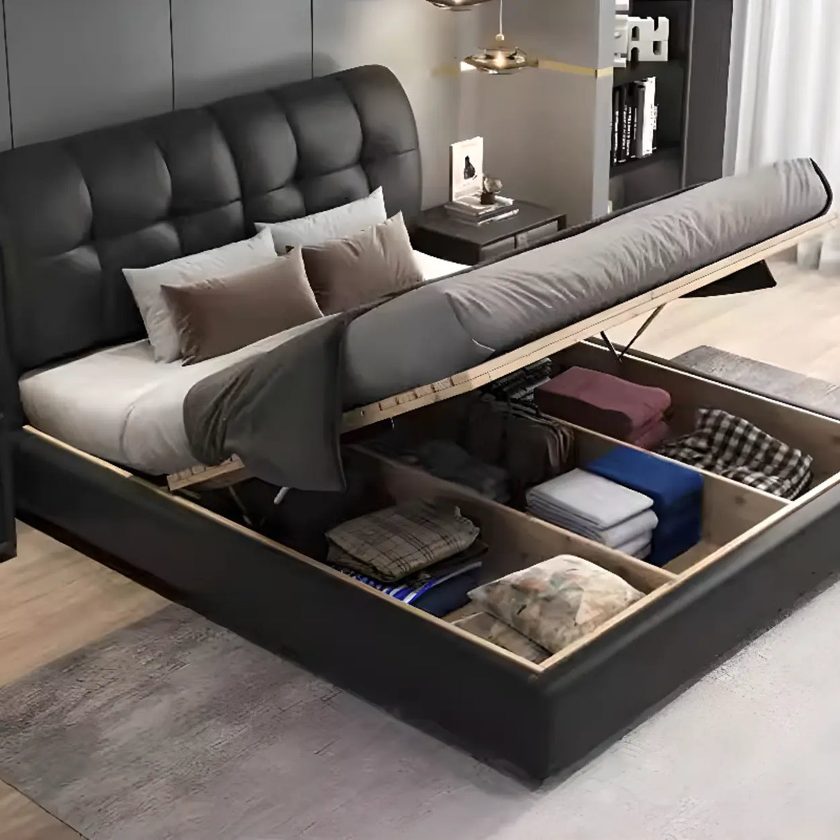 Black Upholstered Leather Storge Included Bed with Headboard Image - 9