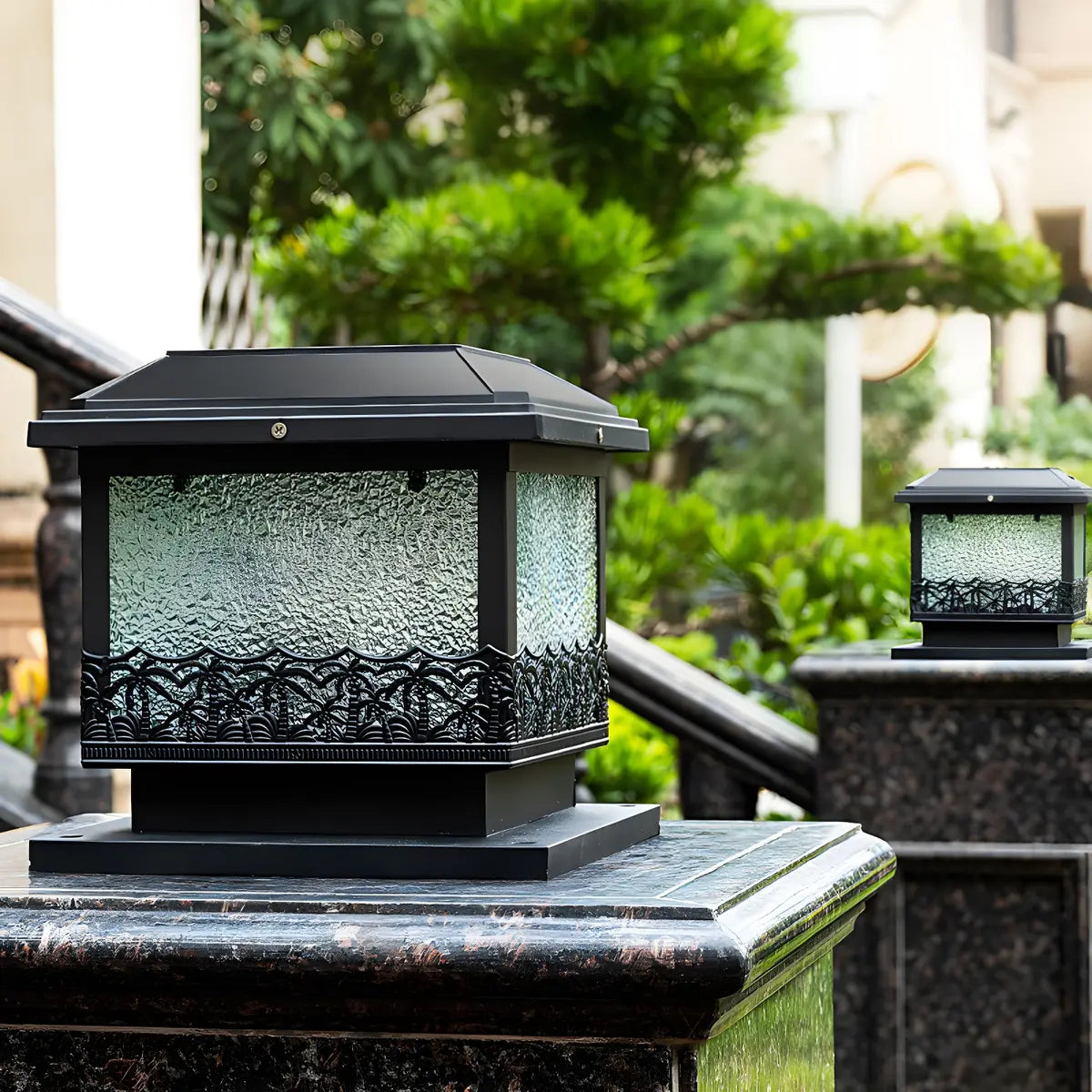 Black Vintage Cube Frosted Glass Outdoor Table Lamp Image - 1