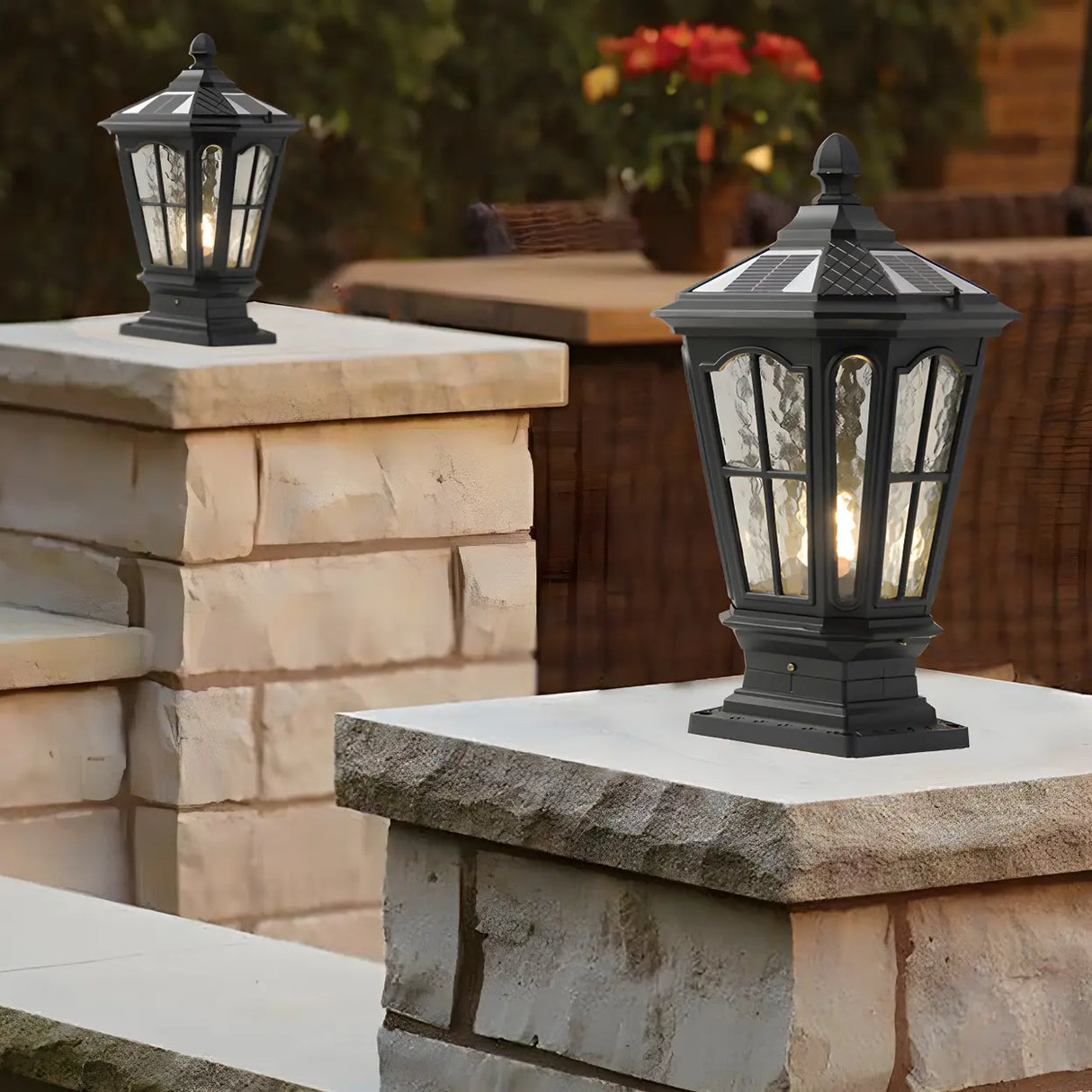Black Vintage Solar Metal Lantern Outdoor Post Light Image - 12