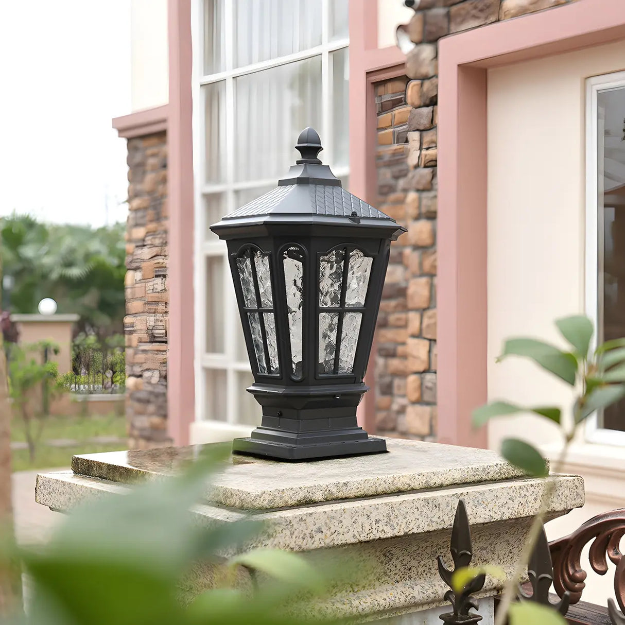Black Vintage Solar Metal Lantern Outdoor Post Light Image - 14