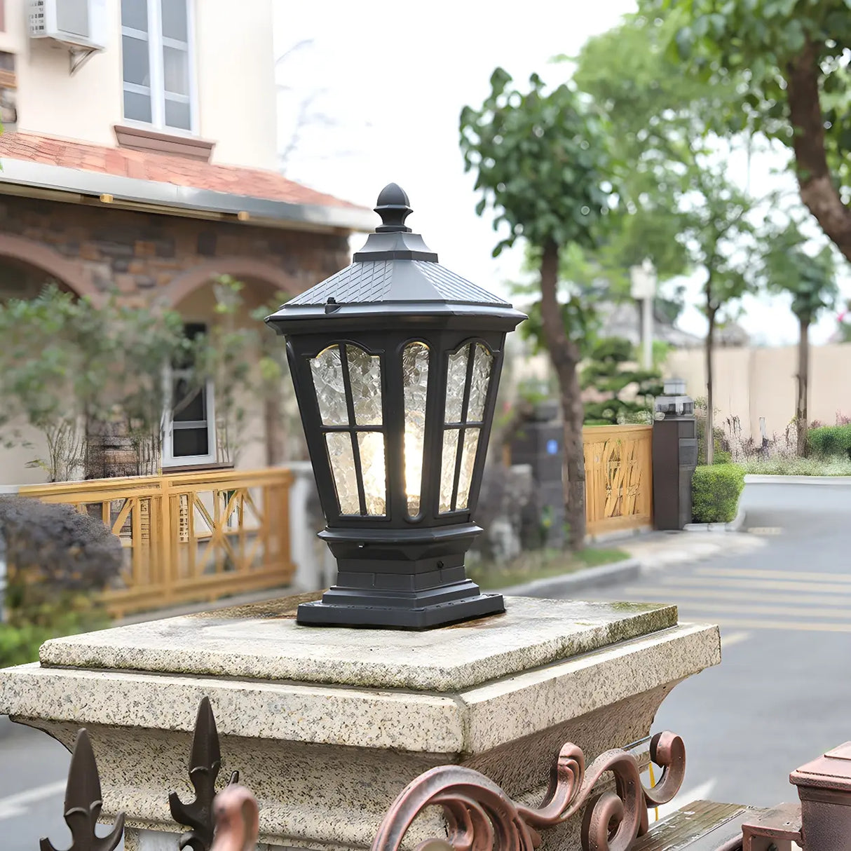 Black Vintage Solar Metal Lantern Outdoor Post Light Image - 2
