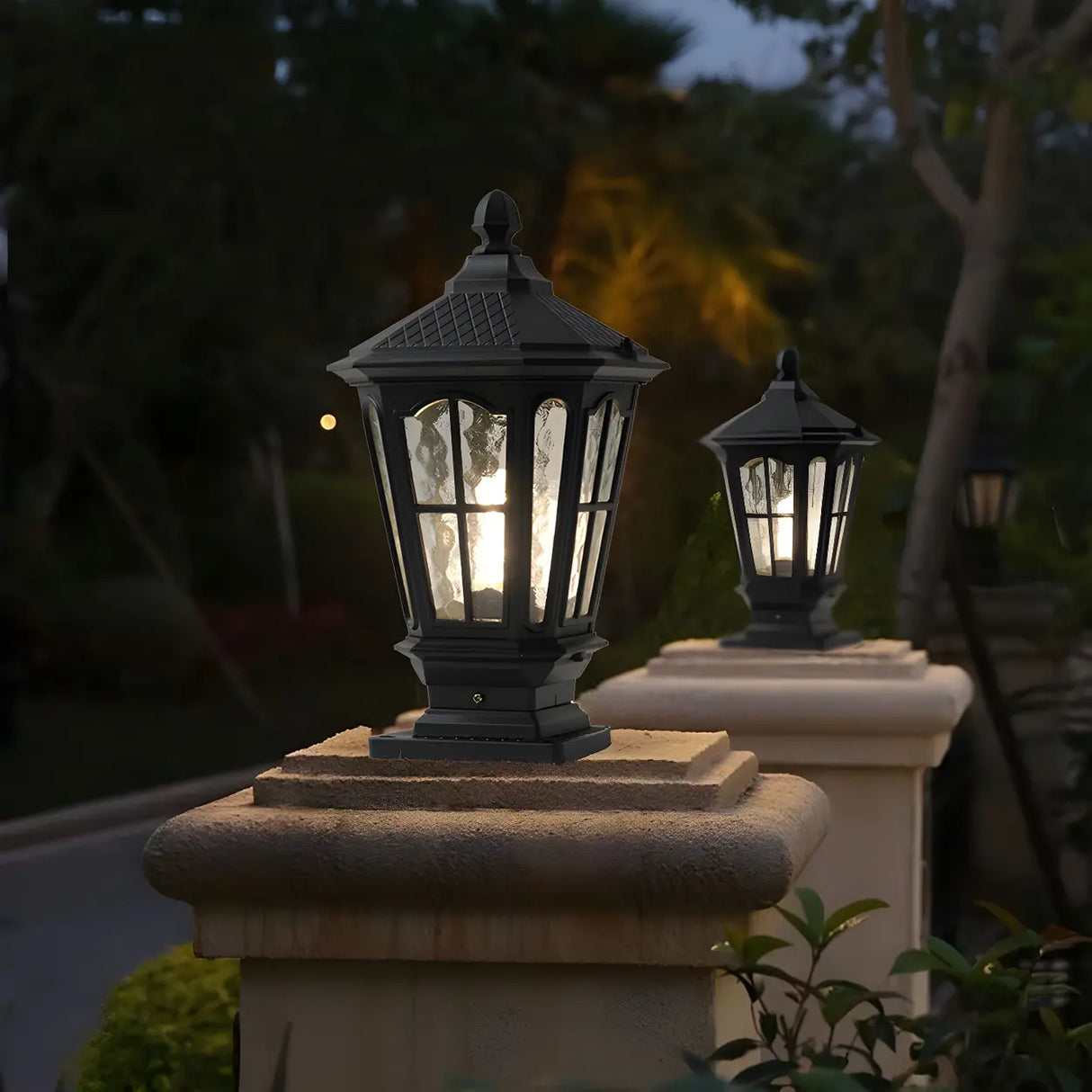 Black Vintage Solar Metal Lantern Outdoor Post Light Image - 4