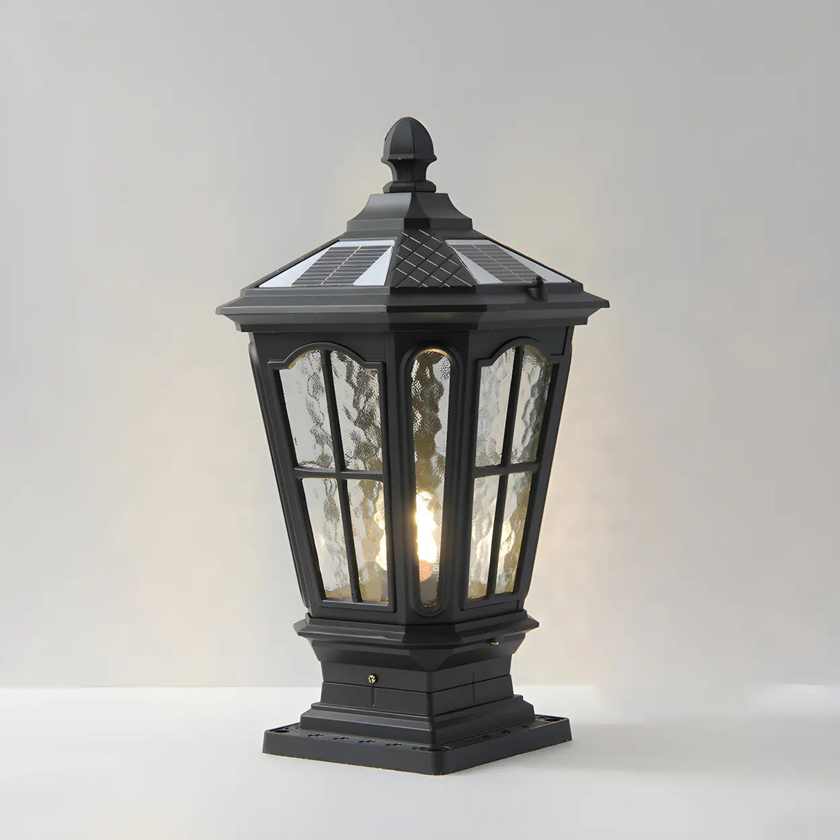 Black Vintage Solar Metal Lantern Outdoor Post Light Image - 7