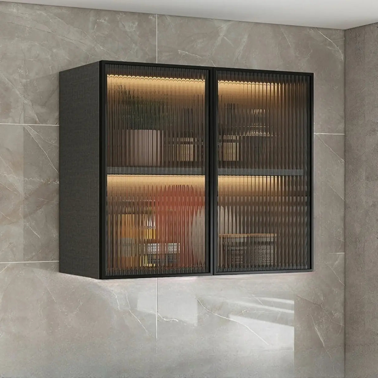 Black Wall Mounted Ribbed Glass Kitchen China Cabinet Image - 19