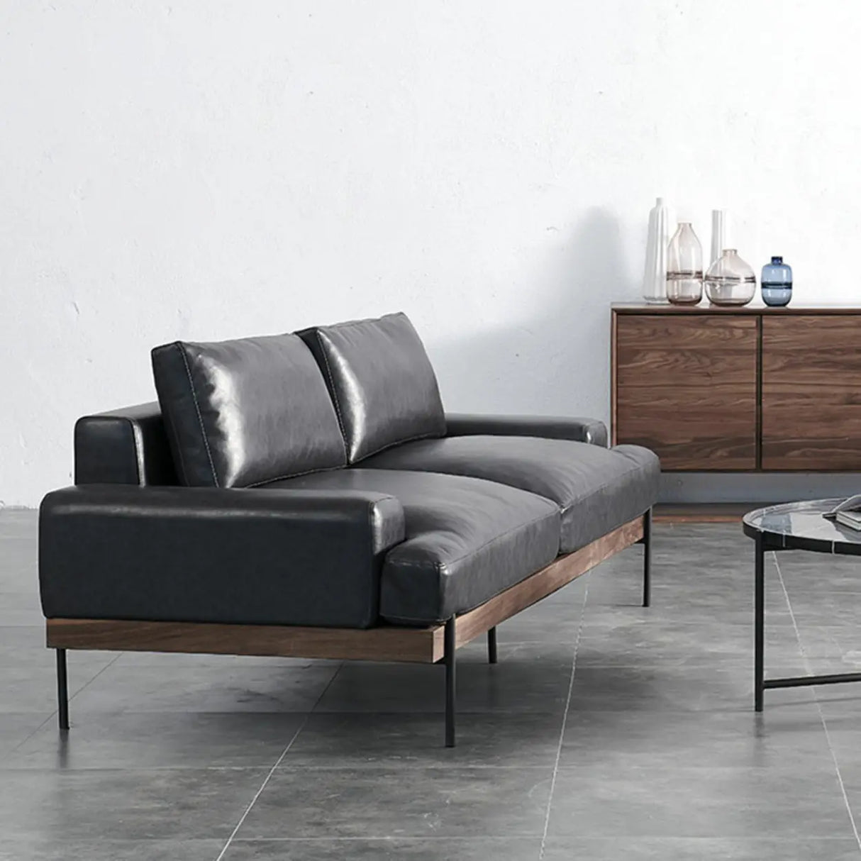 Black Water Resistant Leather Loveseat with Pillow Image - 3
