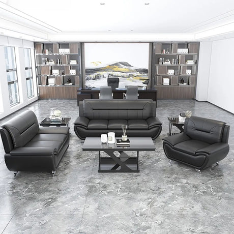 Black Waterproof Faux Leather Office Sofa Set with Arms Image - 1
