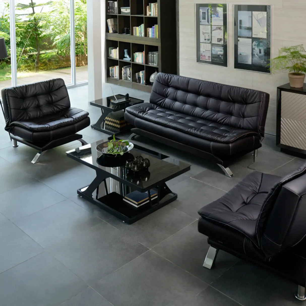 Black Waterproof Faux Leather Sofa Set for Reception Image - 3