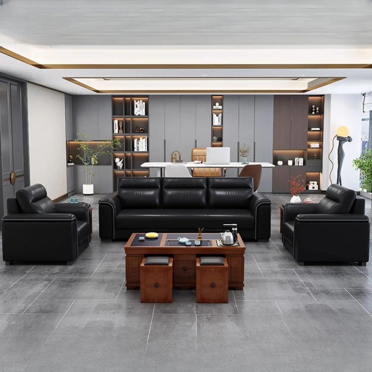 Black Waterproof Faux Leather Upholstered Back Sofa Set Image - 4