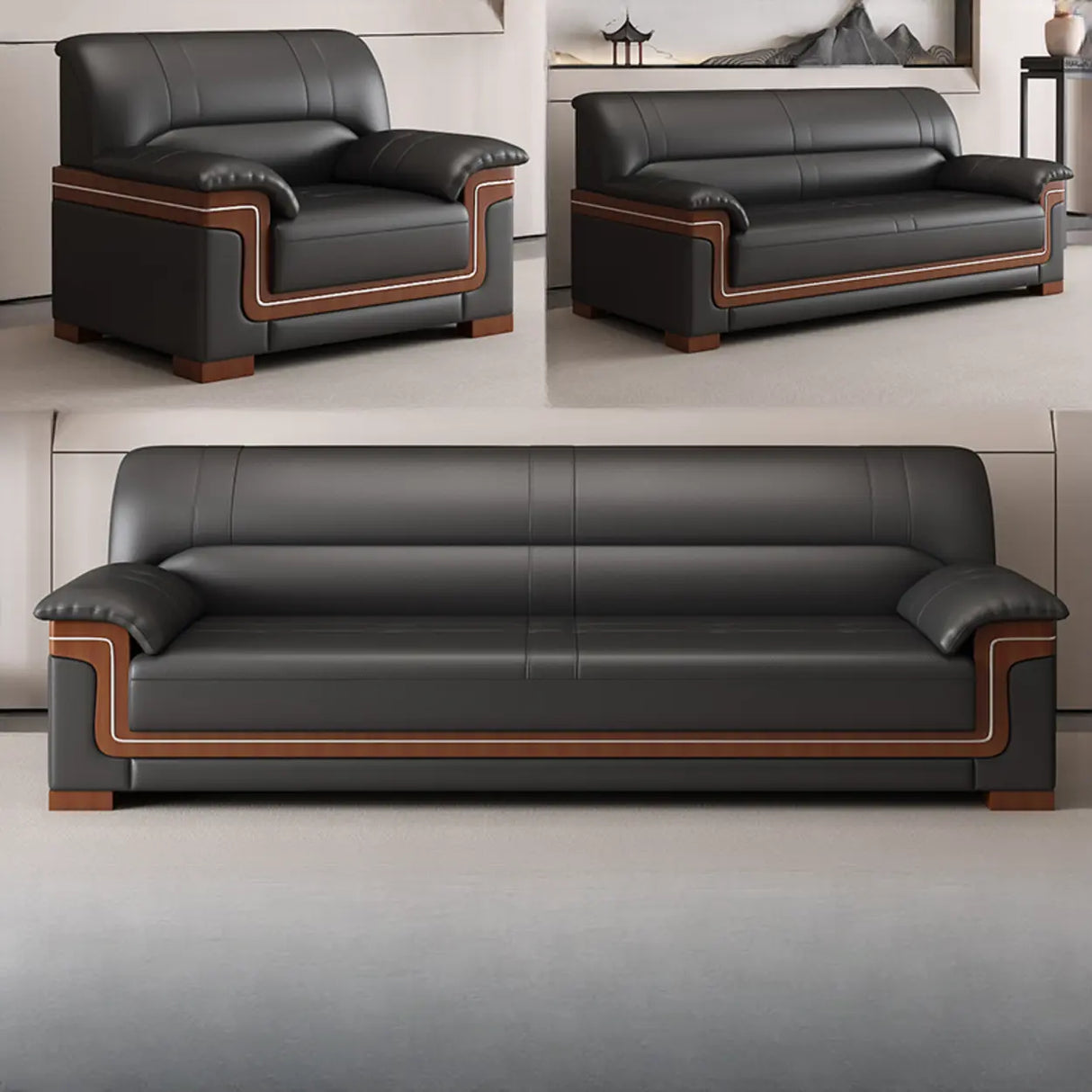 Black Waterproof Faux Leather Wood Frame Reception Sofa Image - 11