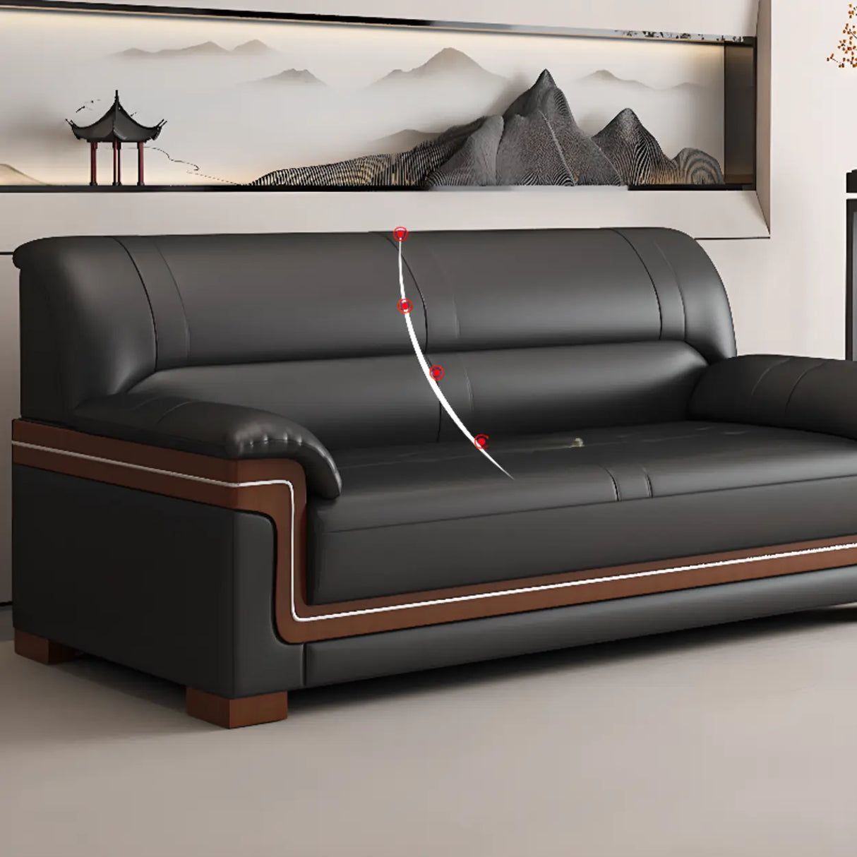 Black Waterproof Faux Leather Wood Frame Reception Sofa Image - 13