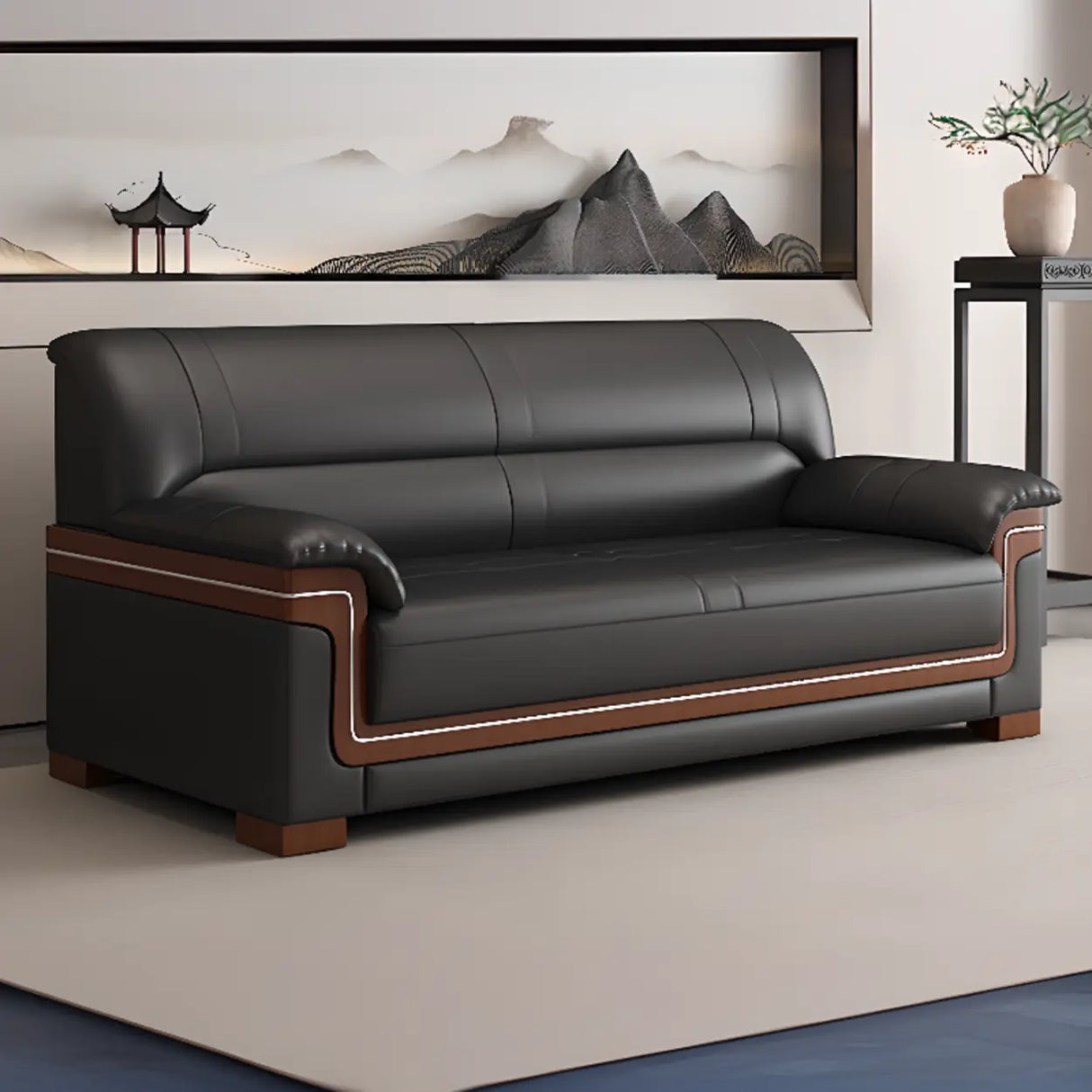 Black Waterproof Faux Leather Wood Frame Reception Sofa Image - 3