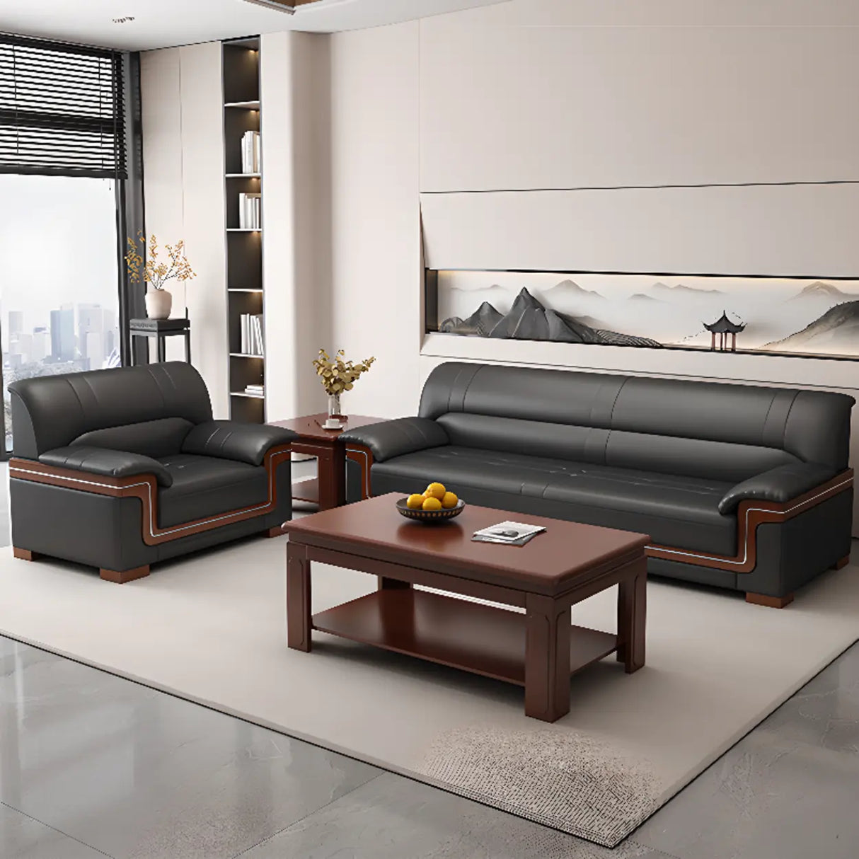Black Waterproof Faux Leather Wood Frame Reception Sofa Image - 4