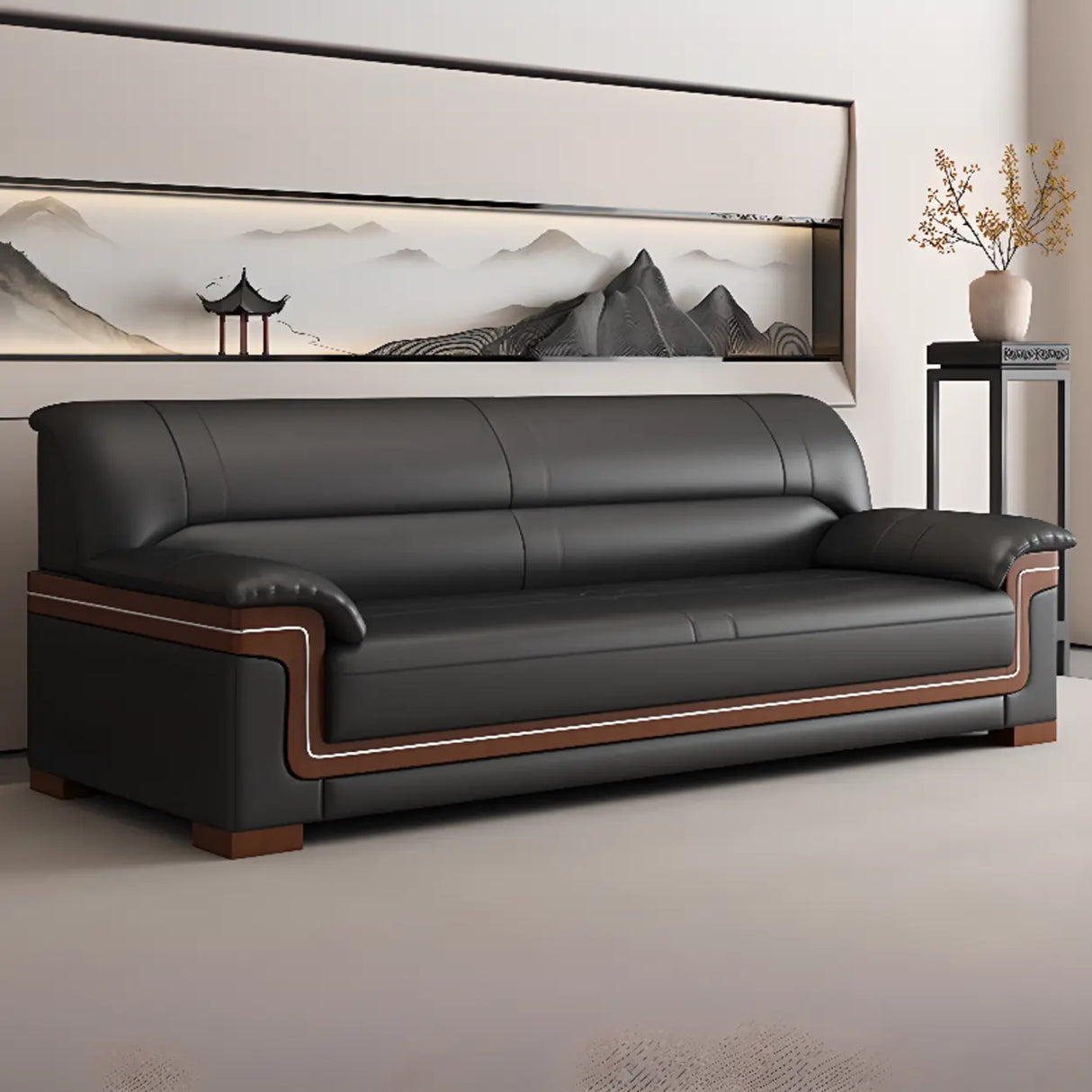 Black Waterproof Faux Leather Wood Frame Reception Sofa Image - 5