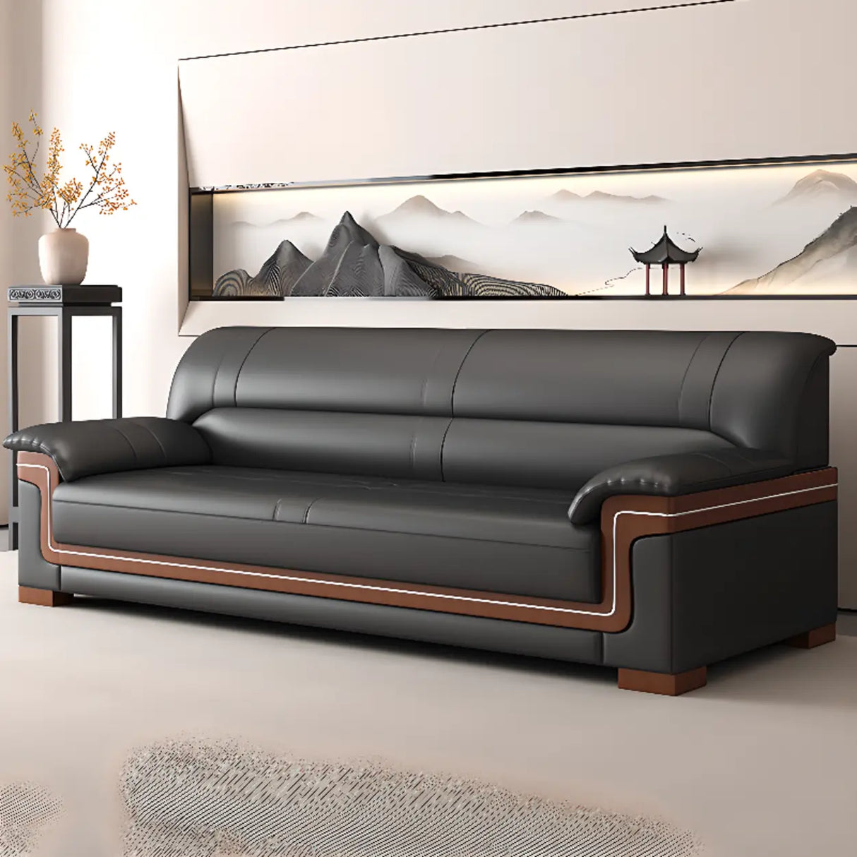 Black Waterproof Faux Leather Wood Frame Reception Sofa Image - 6