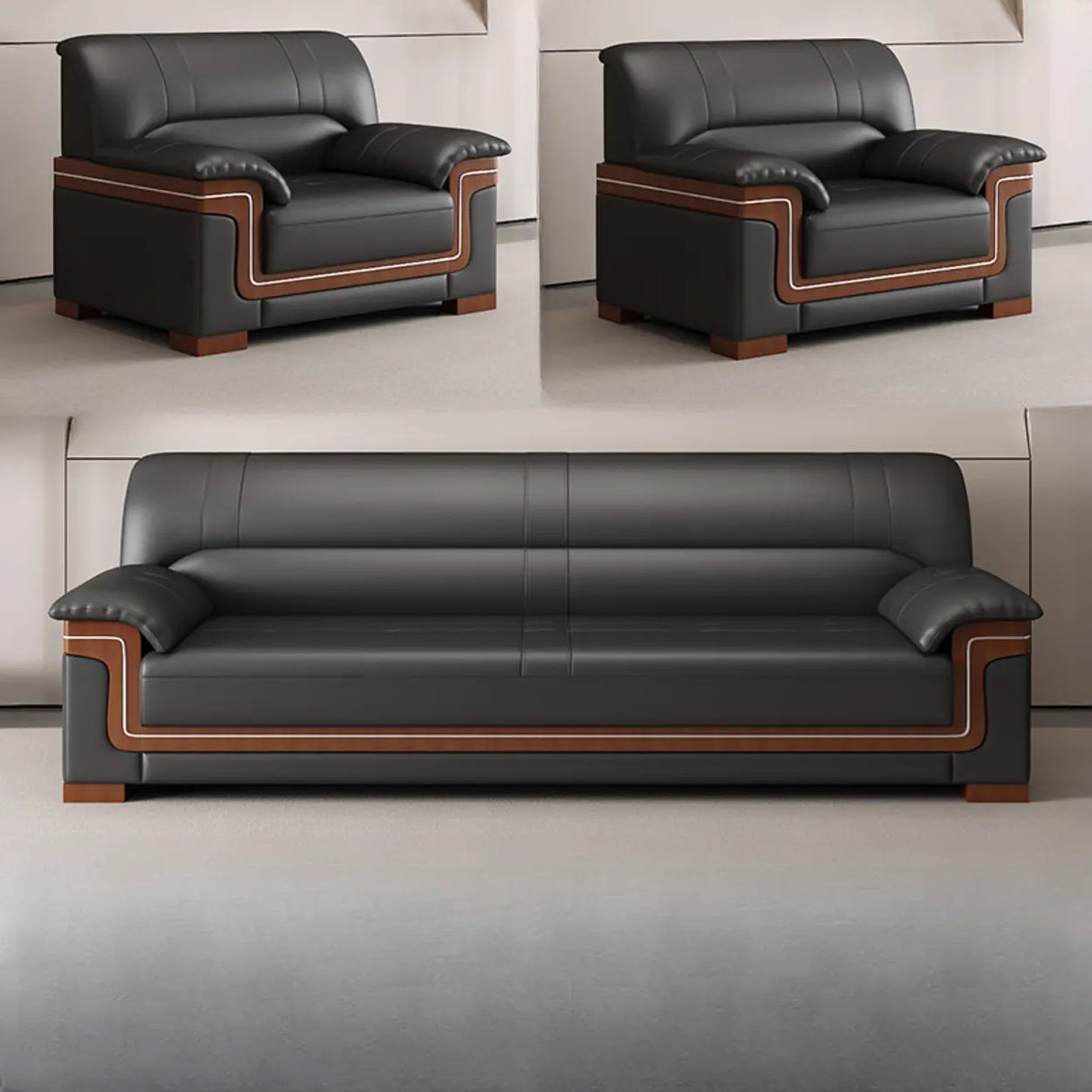 Black Waterproof Faux Leather Wood Frame Reception Sofa Image - 9
