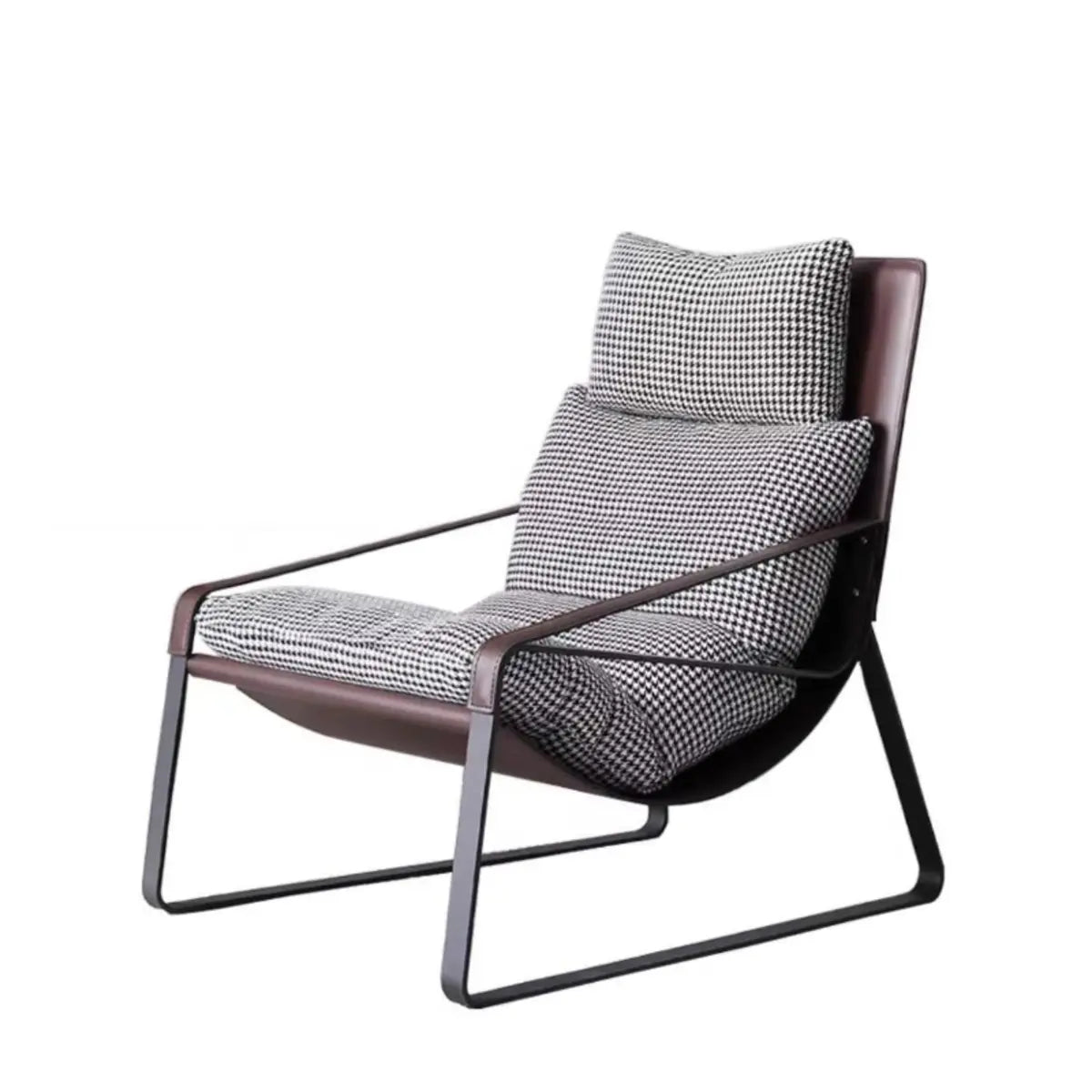 Black-White Cotton Plaid Pattern Metal Sled Arm Chair Image - 2