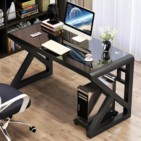 Black White Glass Computer Desk with Metal Sled Base Image - 1