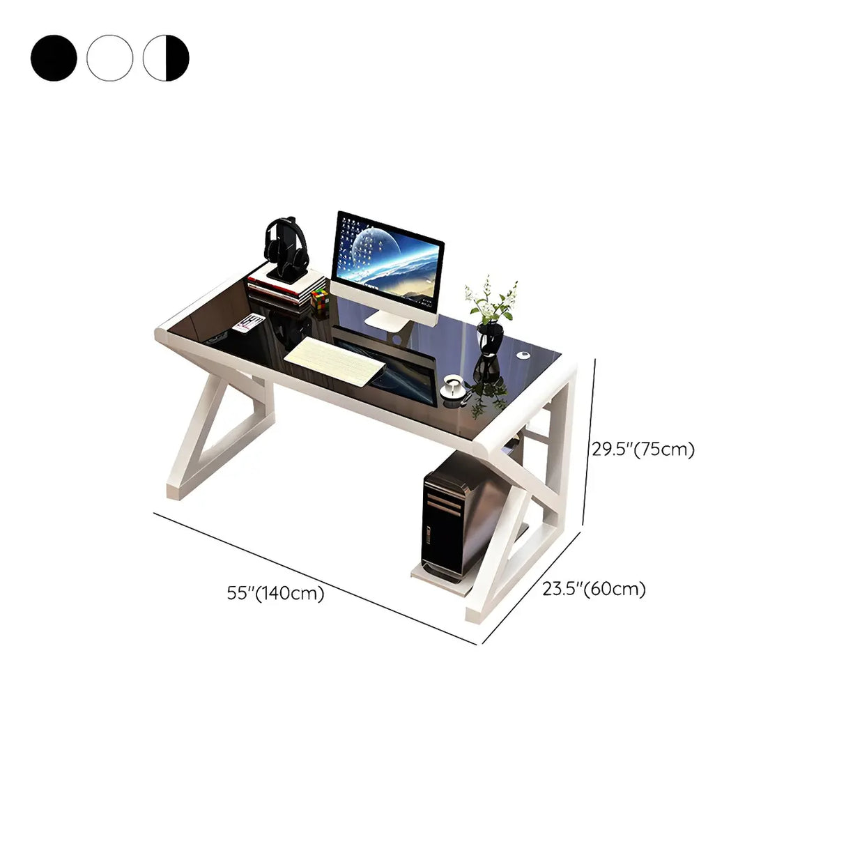 Black White Glass Computer Desk with Metal Sled Base Image - 11