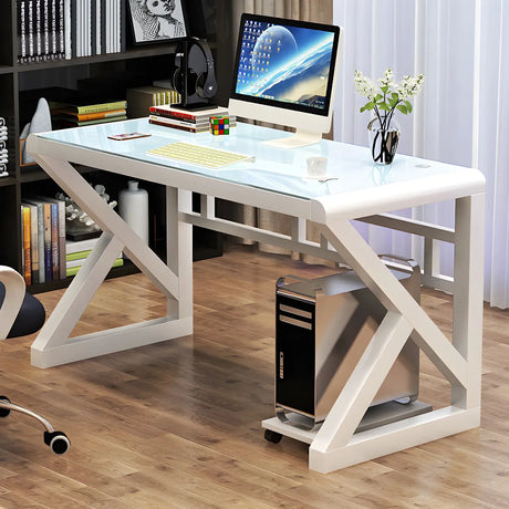 Black White Glass Computer Desk with Metal Sled Base Image - 2