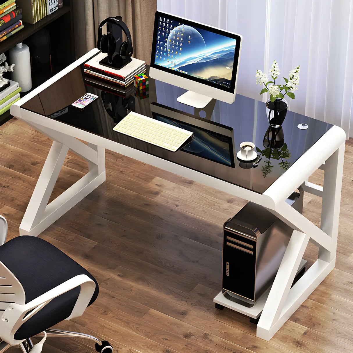 Black White Glass Computer Desk with Metal Sled Base Image - 3