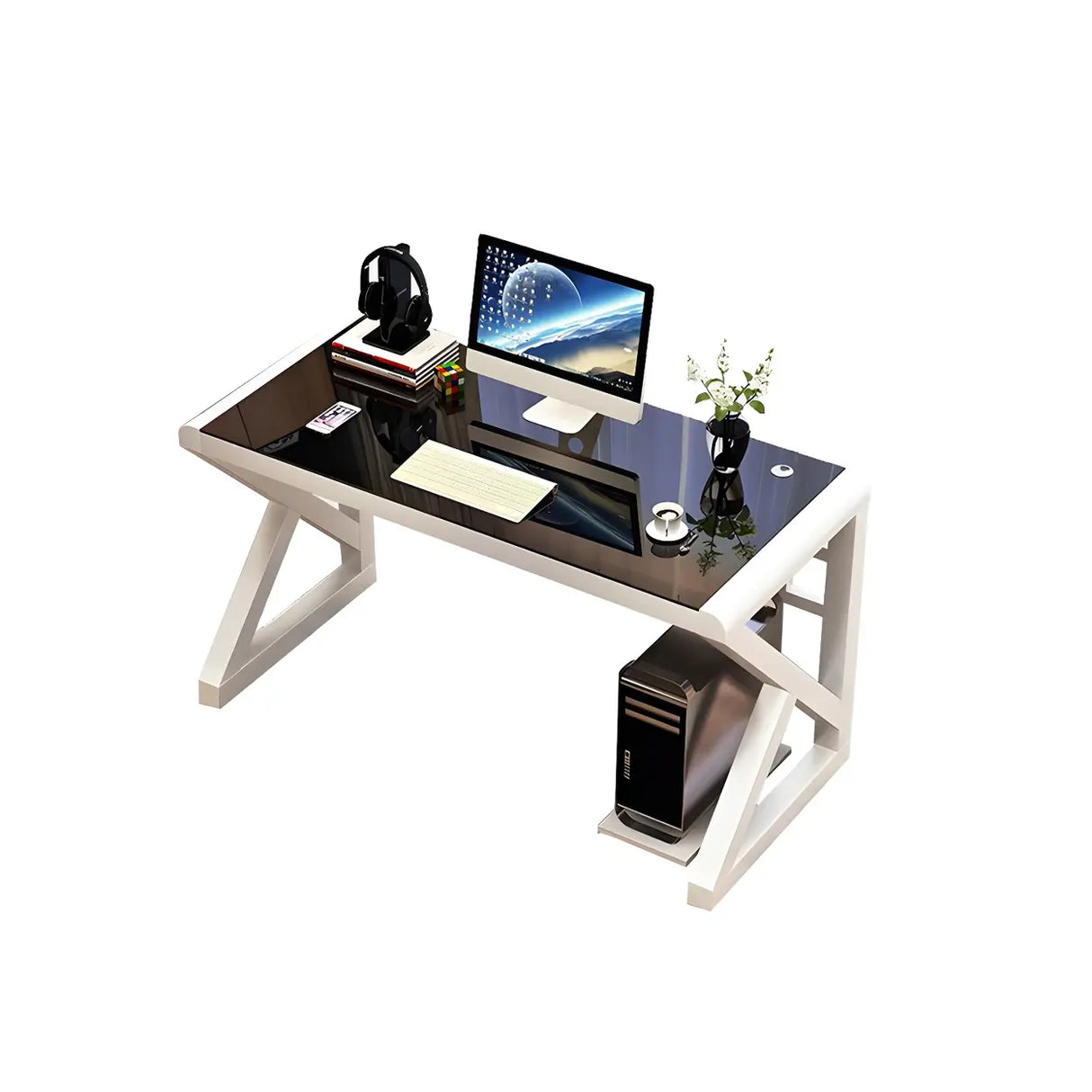 Black White Glass Computer Desk with Metal Sled Base Image - 5