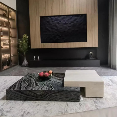 Black-White Marble Rectangular Block Base Coffee Table Image - 1