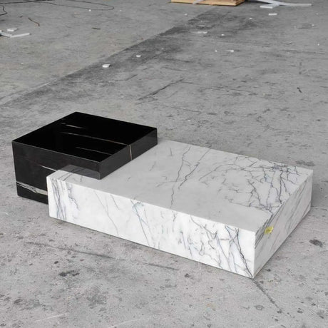 Black-White Marble Rectangular Block Base Coffee Table Image - 2