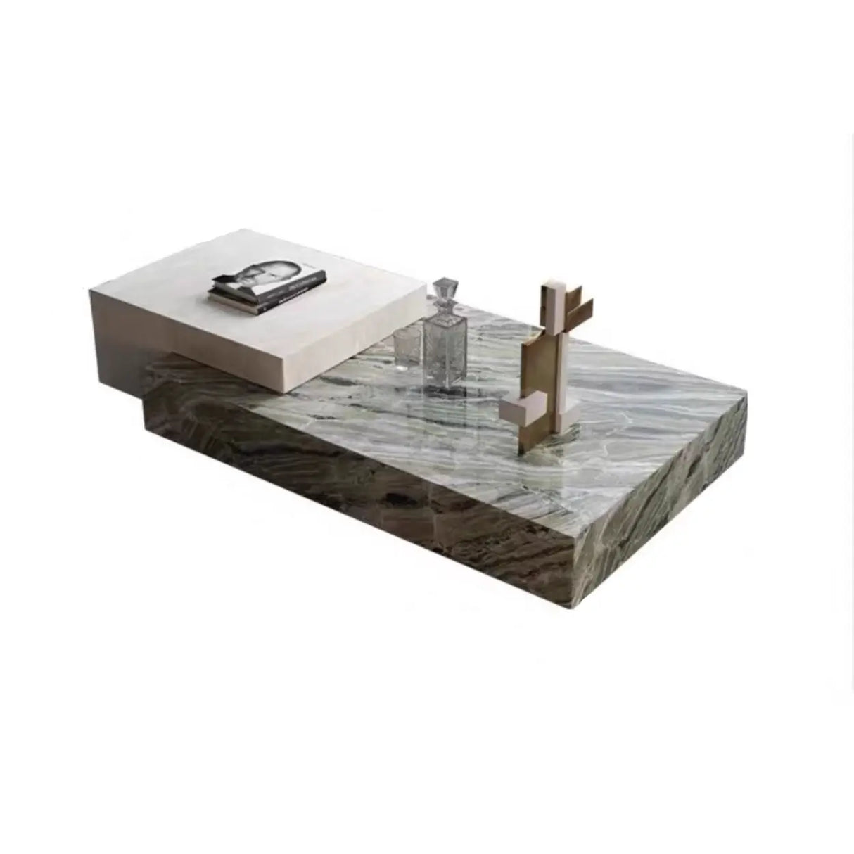 Black-White Marble Rectangular Block Base Coffee Table Image - 6