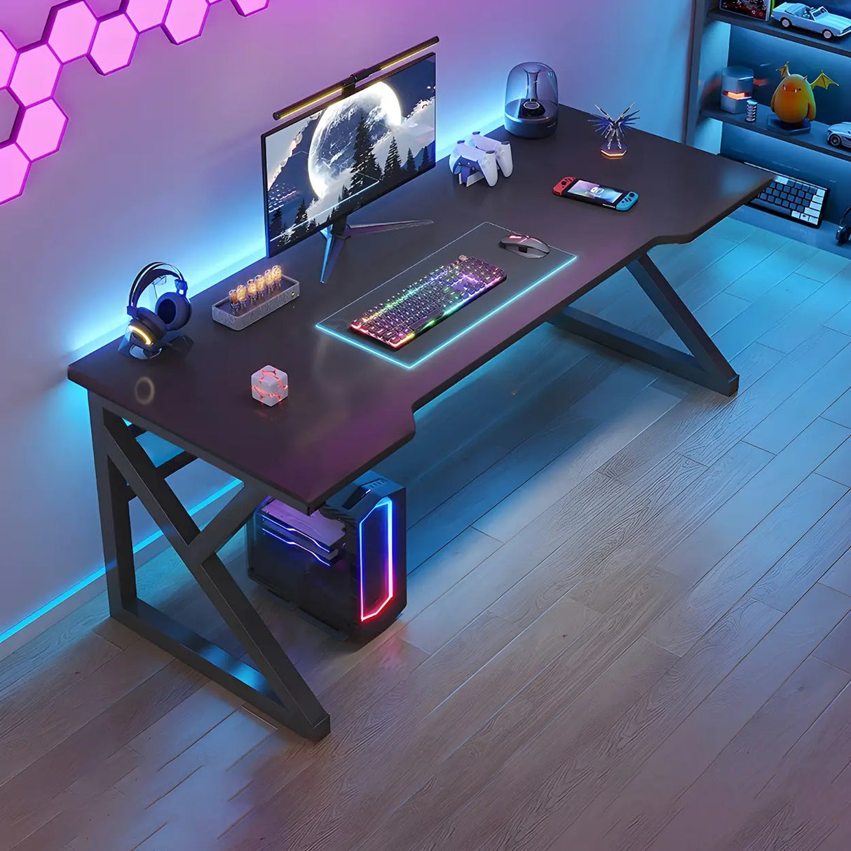Black Wood Gaming Computer Desk with Trestle Base Image - 4
