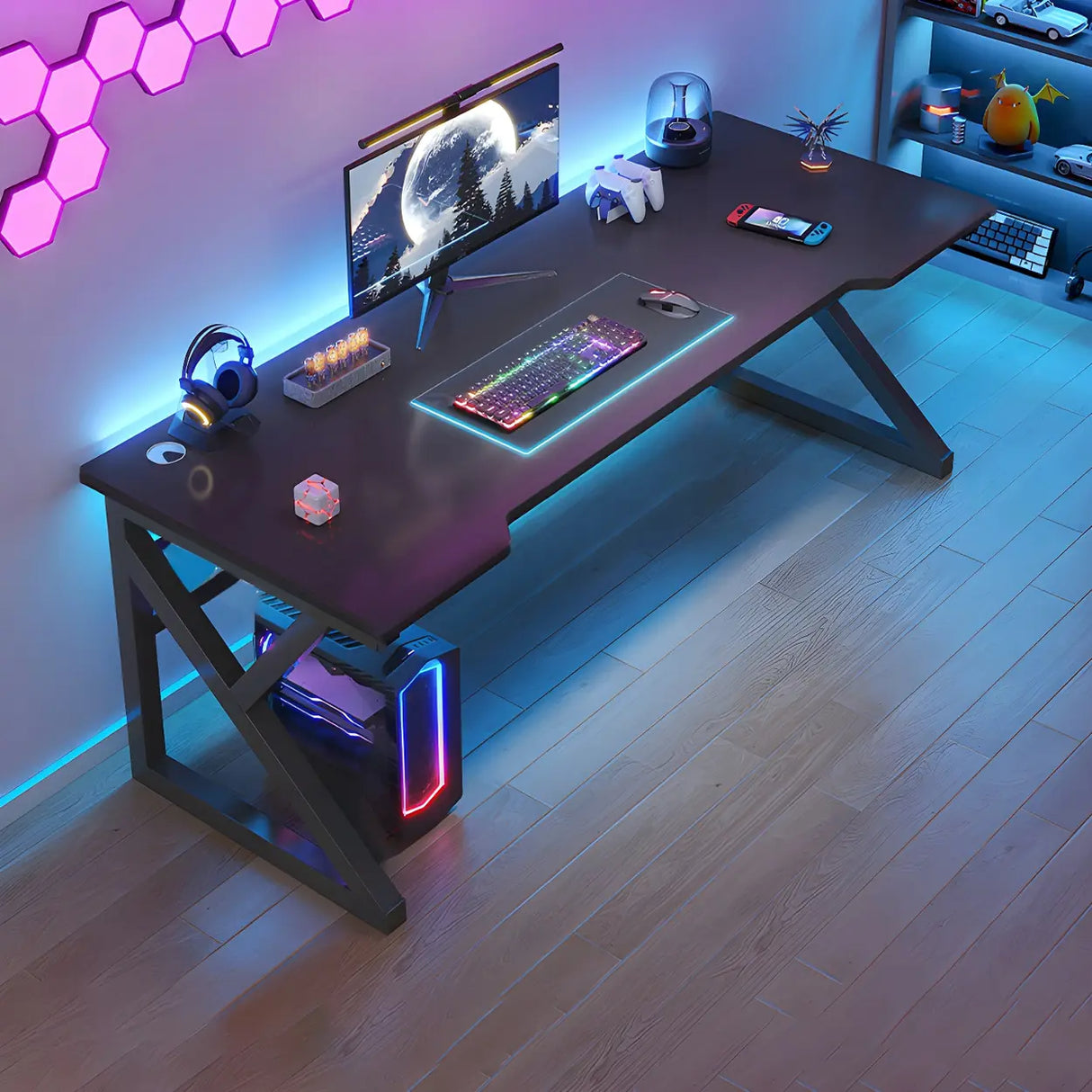 Black Wood Gaming Computer Desk with Trestle Base Image - 8
