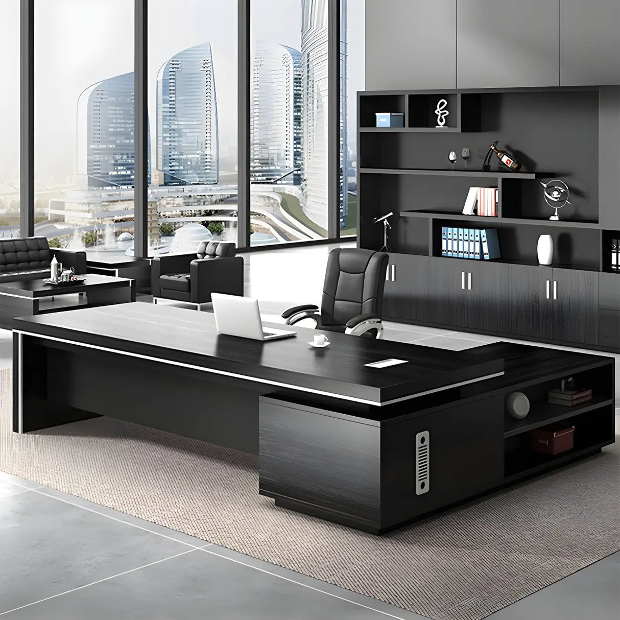 Black Wood Long L-Shape Executive Desk with Drawers Image - 2