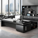 Black Wood Long L-Shape Executive Desk with Drawers Image - 2