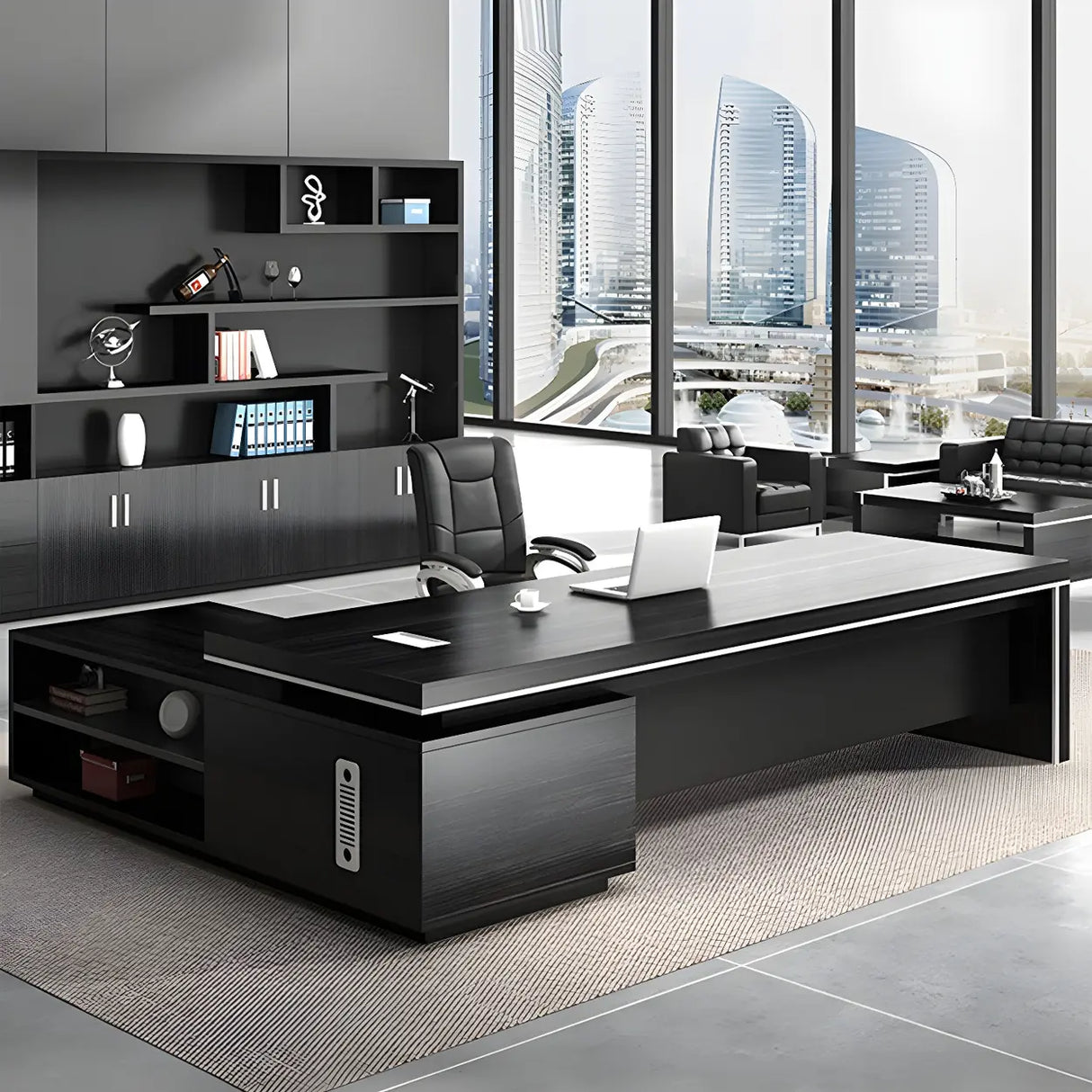 Black Wood Long L-Shape Executive Desk with Drawers Image - 3