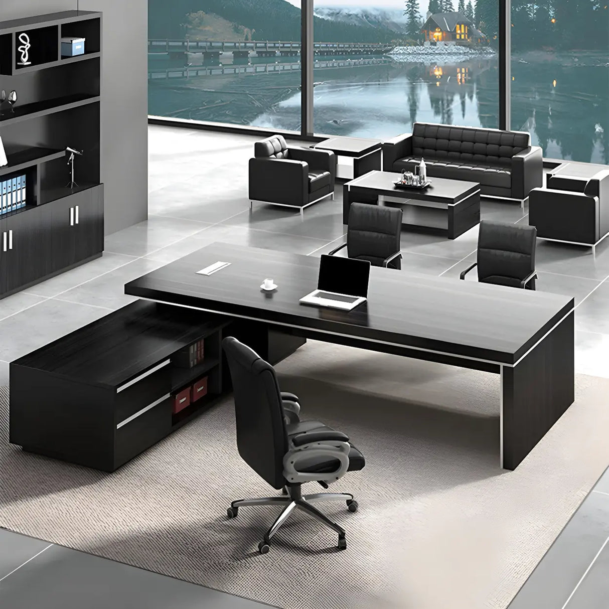 Black Wood Long L-Shape Executive Desk with Drawers Image - 4