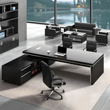 Black Wood Long L-Shape Executive Desk with Drawers Image - 4