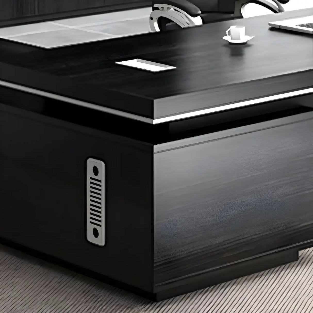 Black Wood Long L-Shape Executive Desk with Drawers Image - 6