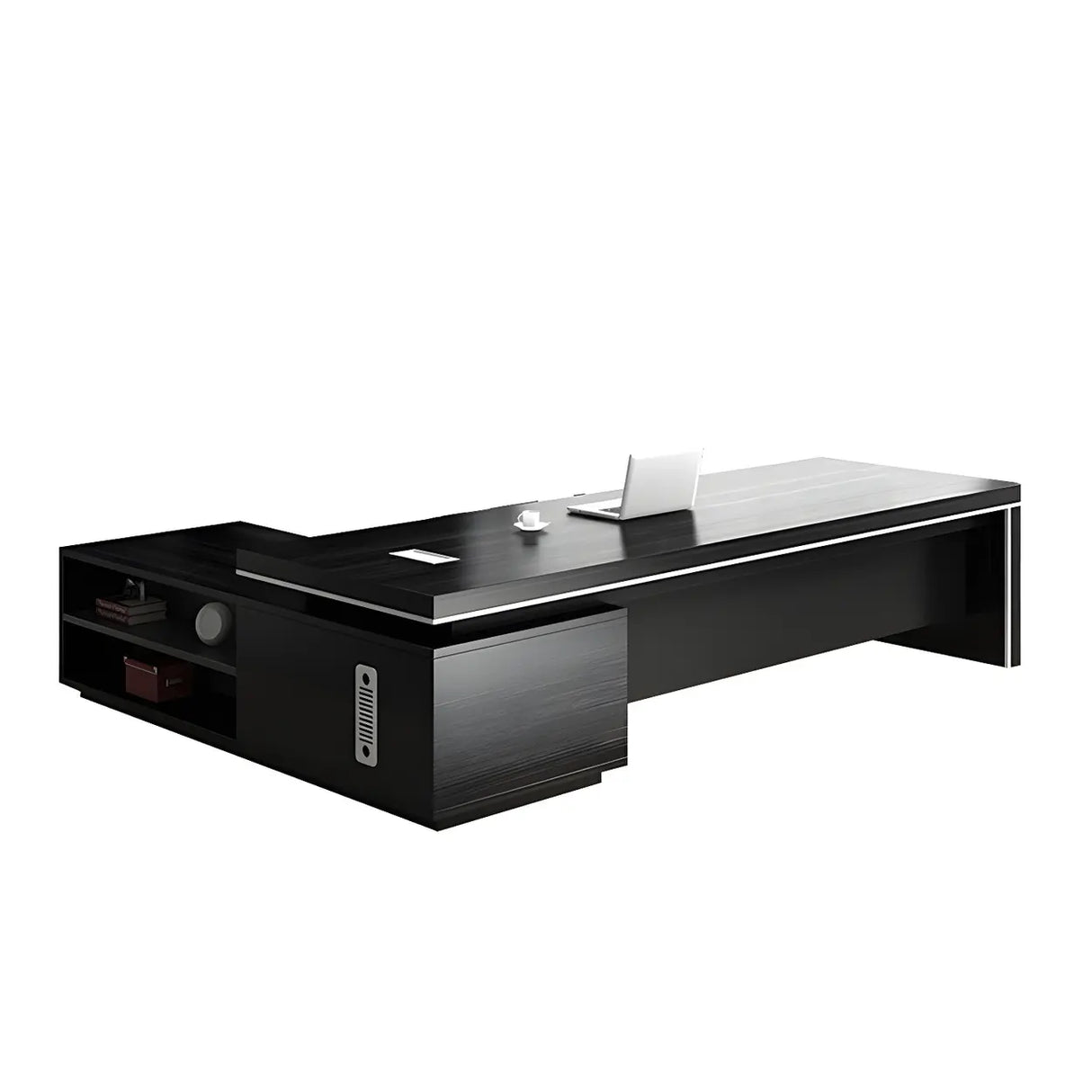 Black Wood Long L-Shape Executive Desk with Drawers Image - 7