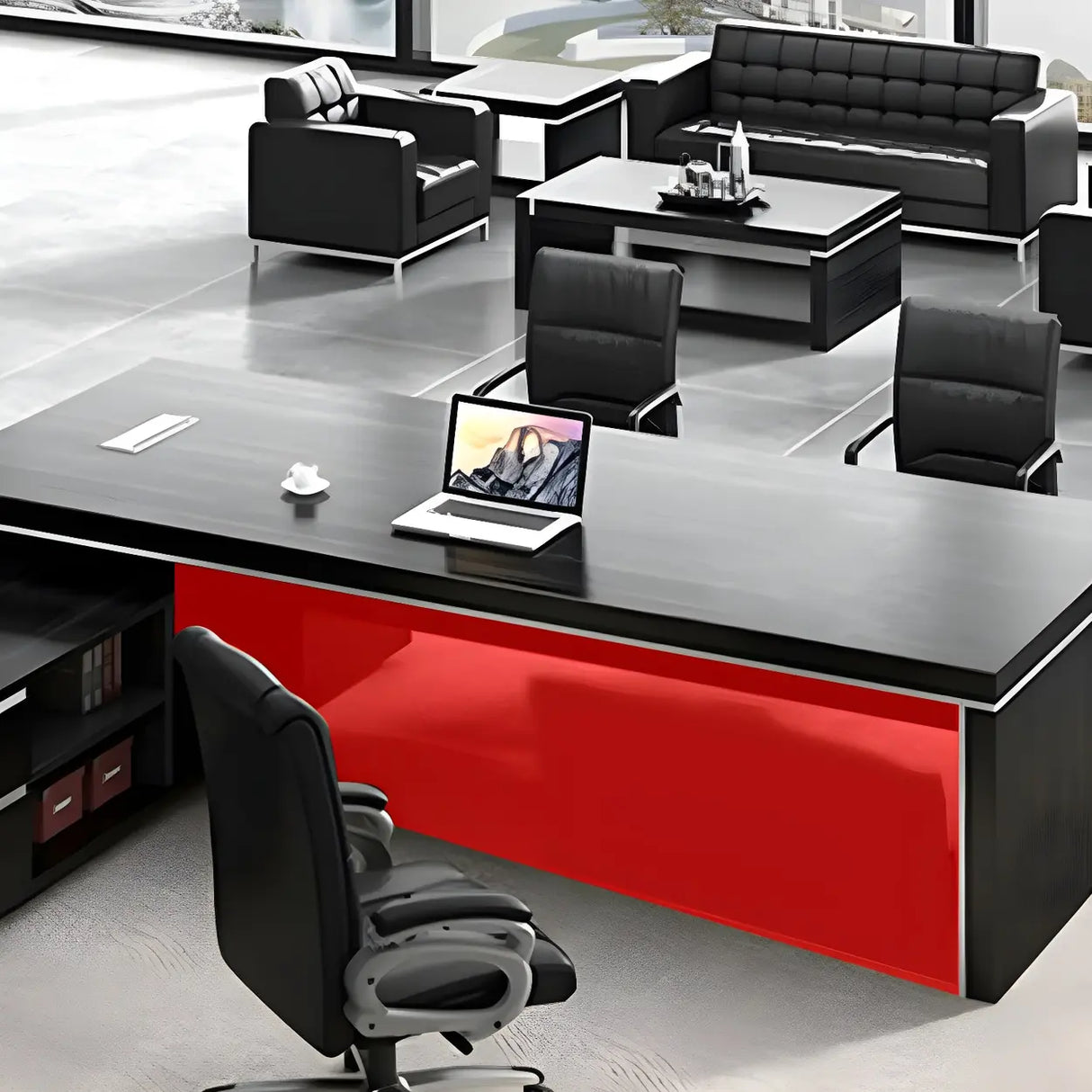 Black Wood Long L-Shape Executive Desk with Drawers Image - 8