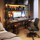 Black Wood Single Computer Desk with Shelves and Hutch Image - 1