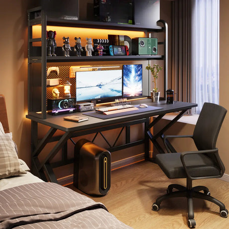 Black Wood Single Computer Desk with Shelves and Hutch Image - 1