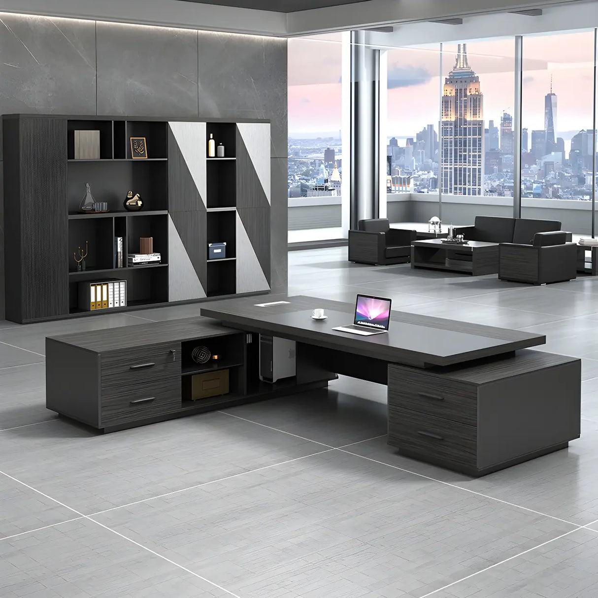 Black Wood Storage Drawers Shelf L-Shape Executive Desk Image - 10