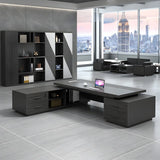Black Wood Storage Drawers Shelf L-Shape Executive Desk Image - 10